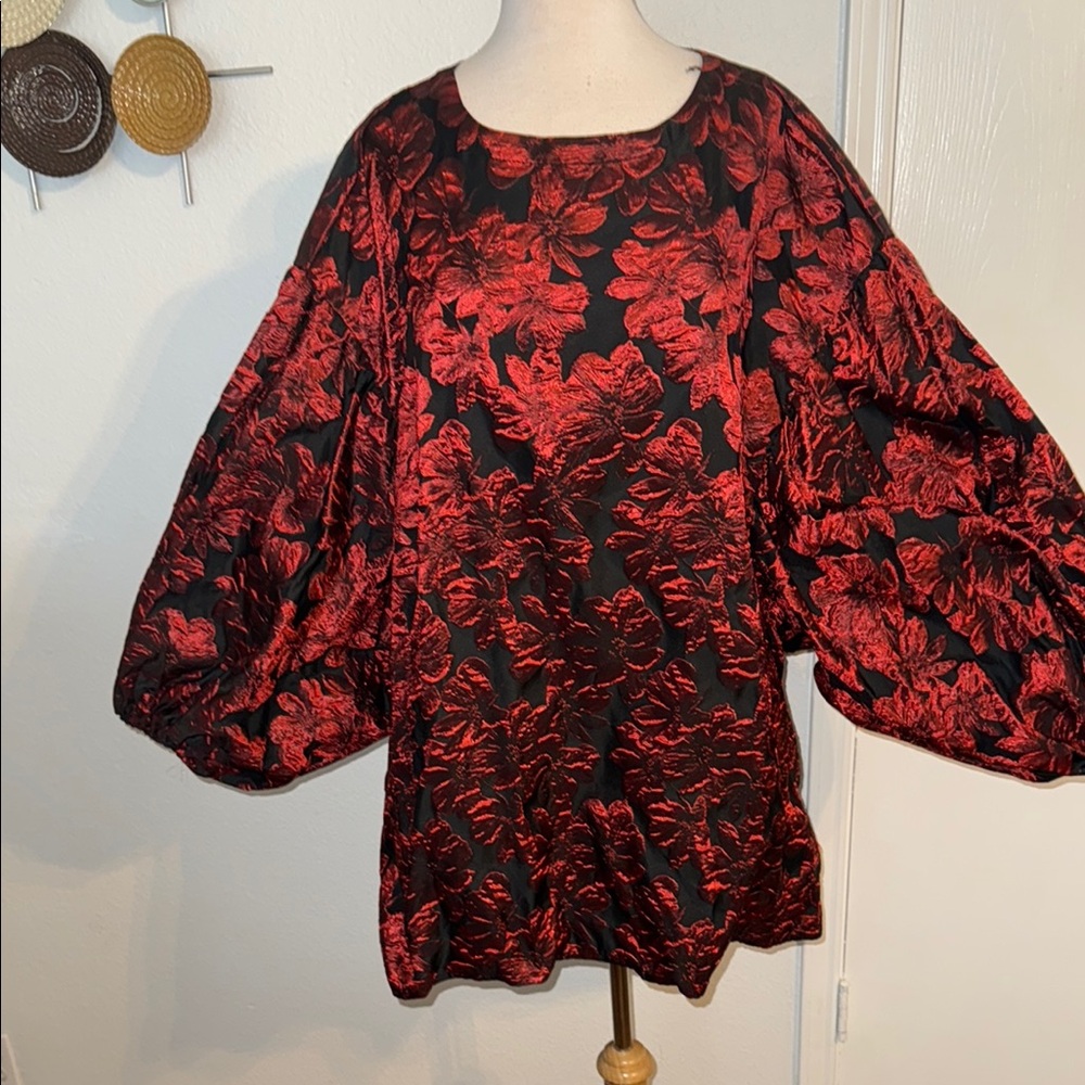 Red and Black High Low Dress with Bishop Sleeves. Brocade material. One Size